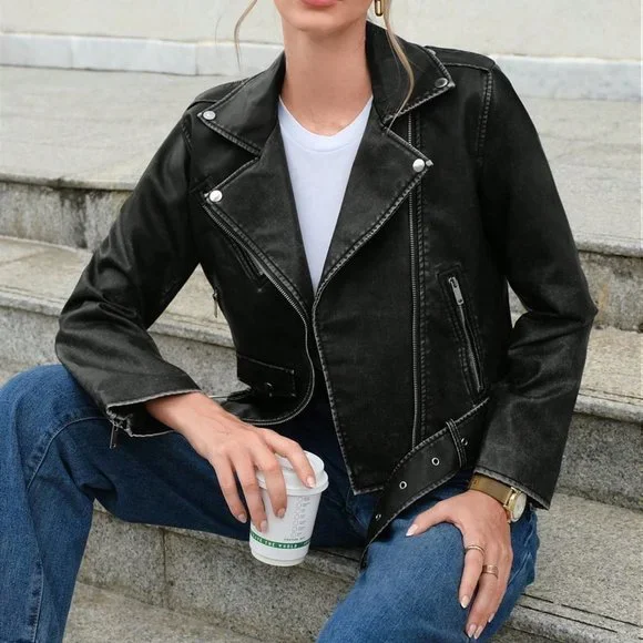 Black Casual Womens Zip Up Moto Jacket - Picture 1 of 5